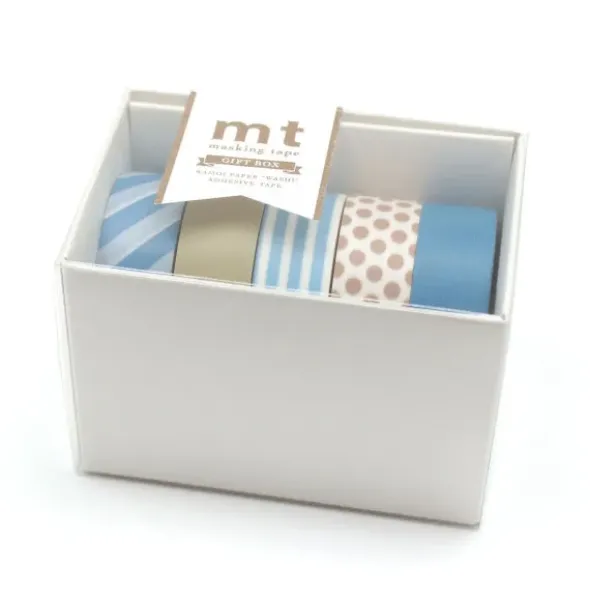 Washi Tape Set 15 mm blau gemustert, 5 Rollen in Geschenkbox