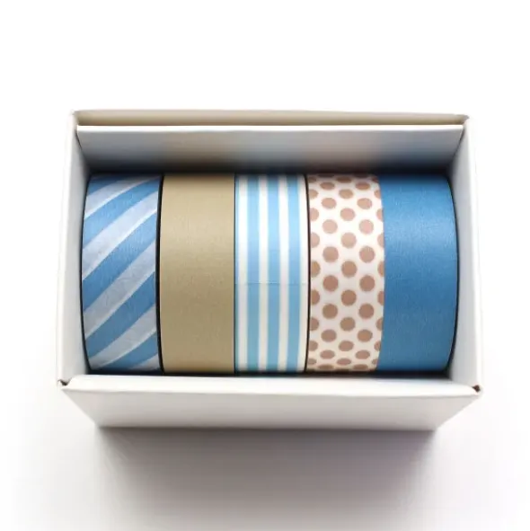 Washi Tape Set 15 mm blau gemustert, 5 Rollen in Geschenkbox