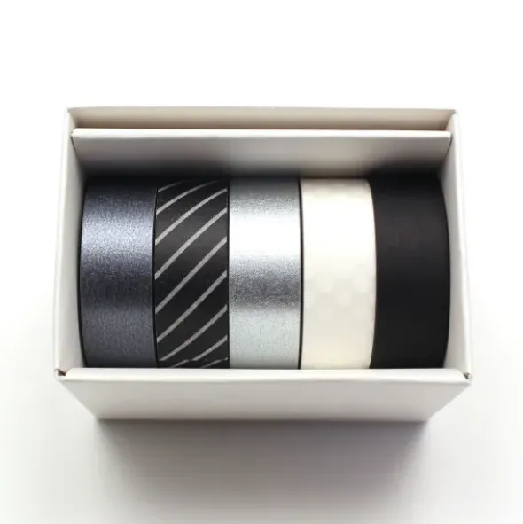 Washi Tape Set 15 mm, schwarz metallic – 5 Rollen in Geschenkbox