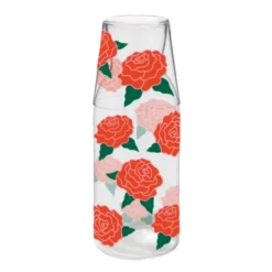 Wasserkaraffe 0,9 l mit Trinkglas – 2-teiliges Trinkset aus Glas mit Rosen-Motiv