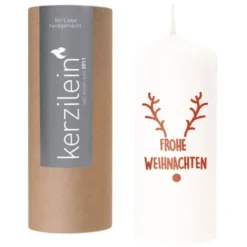 Weihnachtskerze FROHE WEIHNACHTEN Geweih rot, 19 cm weiß
