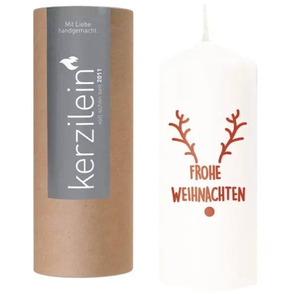 Weihnachtskerze FROHE WEIHNACHTEN Geweih rot, 19 cm weiß