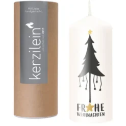 Weihnachtskerze FROHE WEIHNACHTEN Tannenbaum grau, 19 cm weiß