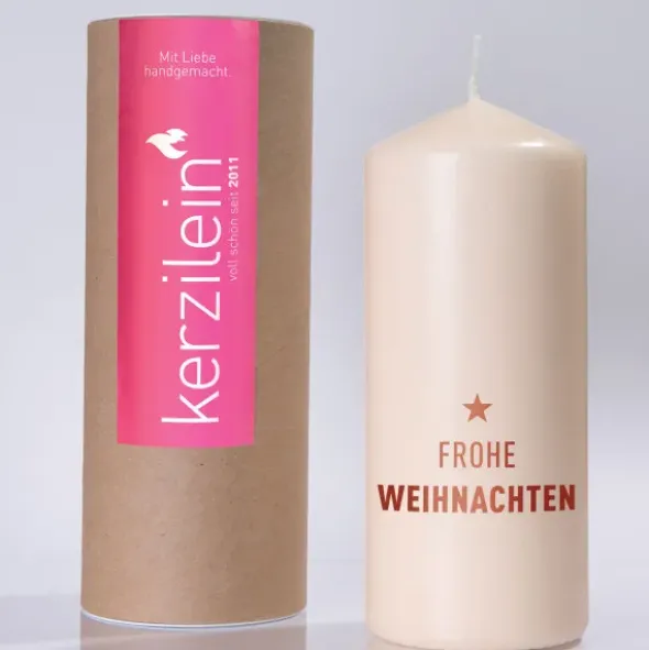 Weihnachtskerze FROHE WEIHNACHTEN rot, 19 cm cremeweiß