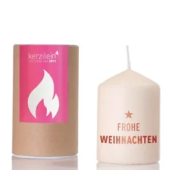 Weihnachtskerze FROHE WEIHNACHTEN rot, 8 cm creme