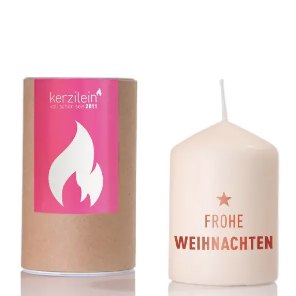 Weihnachtskerze FROHE WEIHNACHTEN rot, 8 cm creme