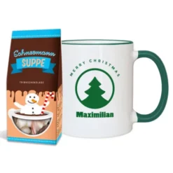 Weihnachtstasse mit Name dunkelgrün + Trinkschokolade